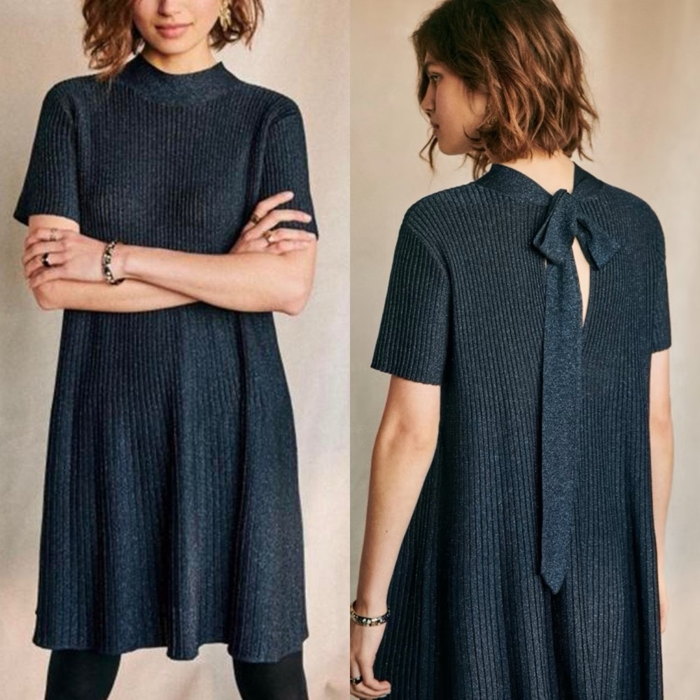 Sezane Shortsleeved Eleanor Dress w/ Bow tie back in blue Metallic Size Small